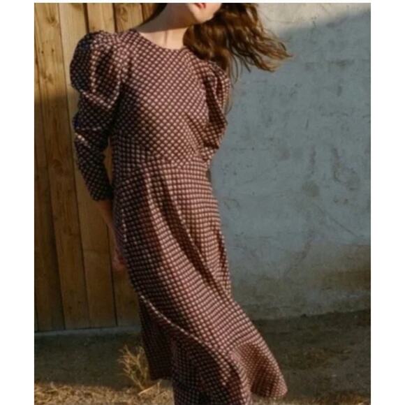 DOEN Sz S Small Vittoria Dress Puff Long Sleeve Midi Harbor Medallion Blue Fall - Picture 11 of 13